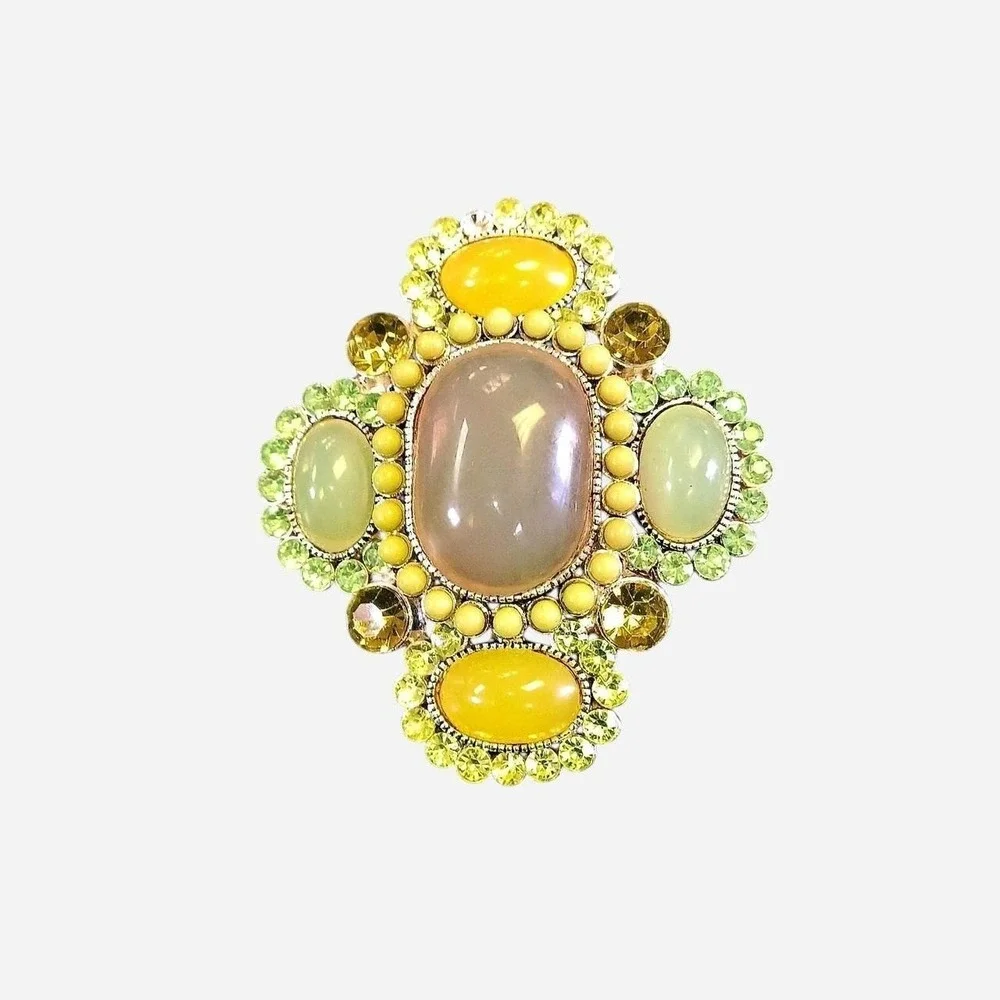 Yellow And Green Multicolored Brooch With Oval And Round Gemstones
